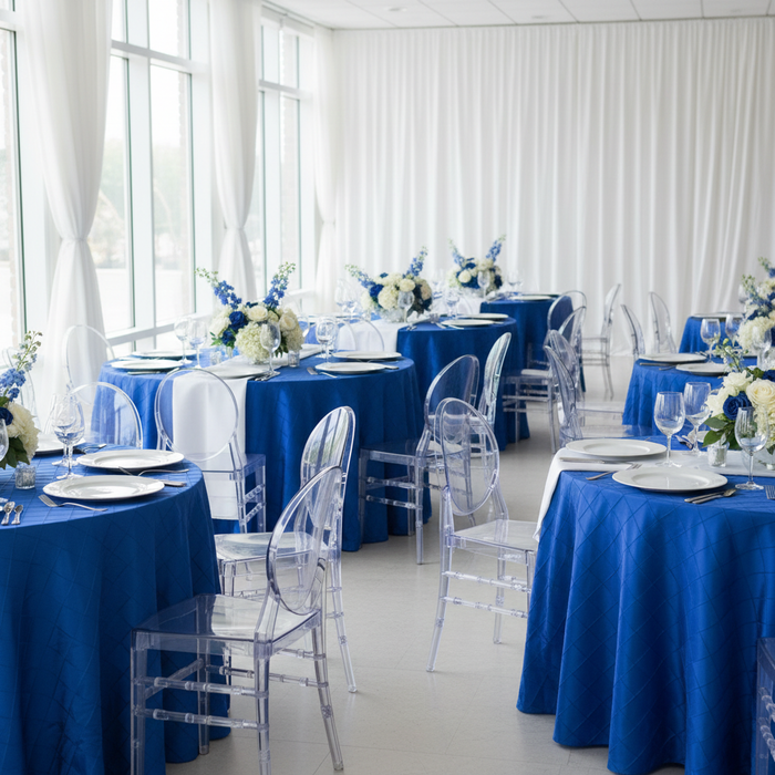 Pintuck 120" Round Tablecloth - Royal Blue.