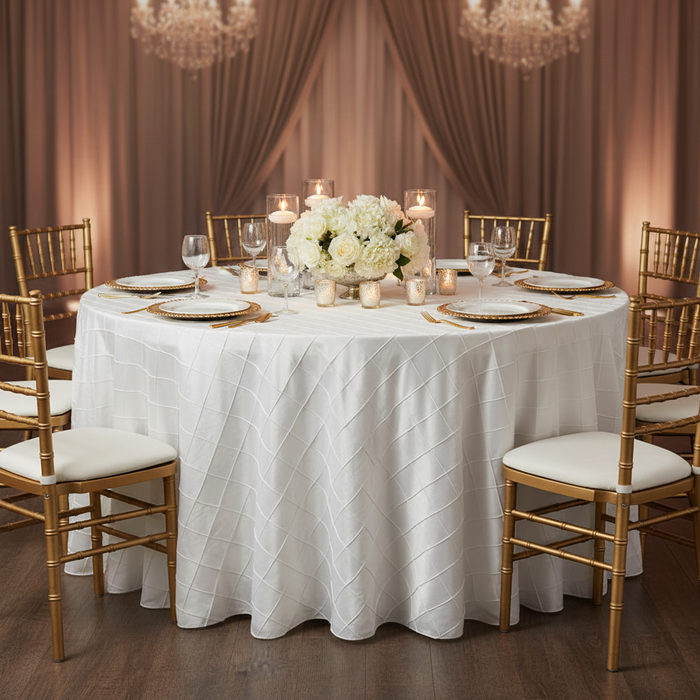 Pintuck 132" Round Tablecloth - White in Indoor Reception.