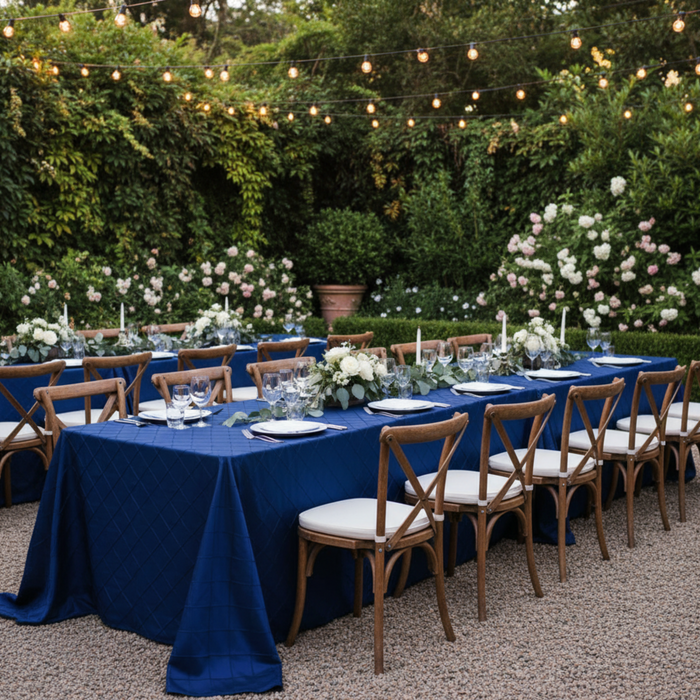 Outdoor garden reception with navy blue pintuck rectangular tablecloth on 6ft tables