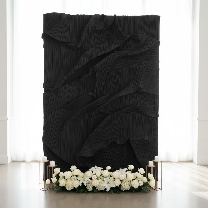 Pleated Crinkle Black Fabric narrow backdrop with minimal decor