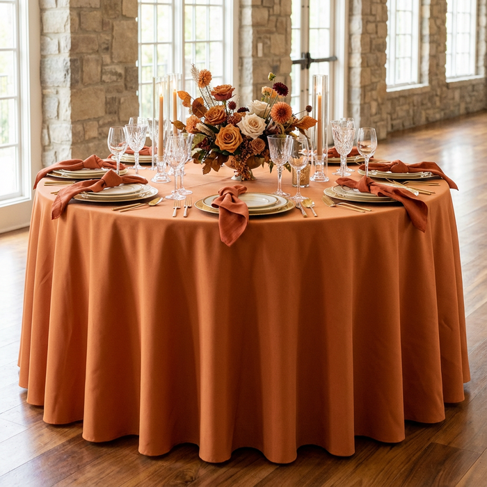Burnt Orange Premium Polyester 120" Round Tablecloth | Wedding | Event | Wholesale by CV Linens