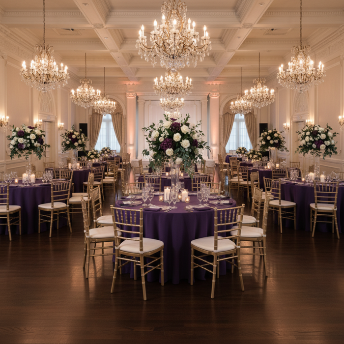 Indoor Wedding Reception – Eggplant /Plum Premium Polyester 120 Round Tablecloth