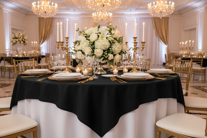 front of Premium Polyester Square 72" Overlay/Tablecloth - Black