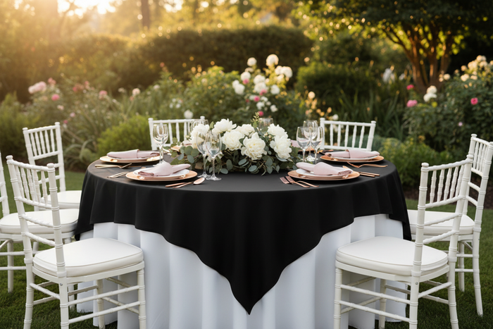 outdoor garden brunch with Premium Polyester Square 72" Overlay/Tablecloth - Black
