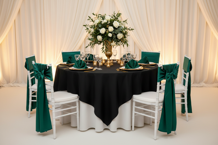 elegant wedding setup with Premium Polyester Square 90"x90" Overlay/Tablecloth - Black