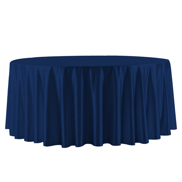 Wrinkle free satin 120" Round Tablecloth Navy Blue front view