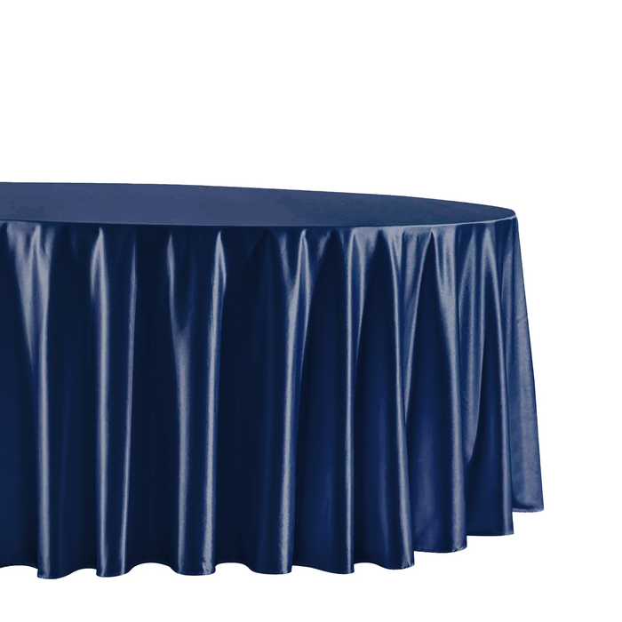 Wrinkle free satin 120" Round Tablecloth Navy Blue side view close up