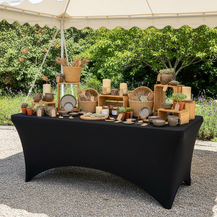 outdoor farmers market table stand with Rectangular 6 FT Spandex Table Cover - Black