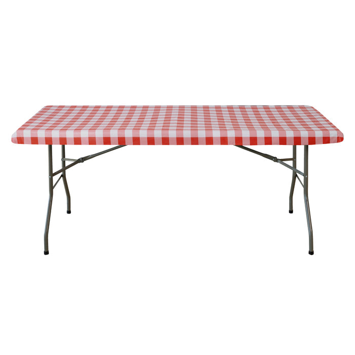 Rectangular Elastic Table Top Cover 30"x48" Waterproof Vinyl Flannel Backing Checkered Design Red full view