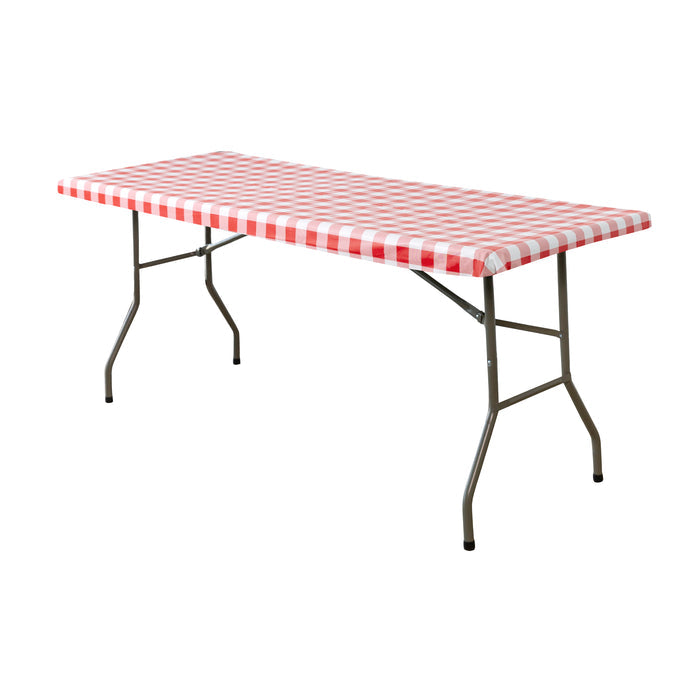 Rectangular Elastic Table Top Cover 30"x48" Waterproof Vinyl Flannel Backing Checkered Design Red angled view
