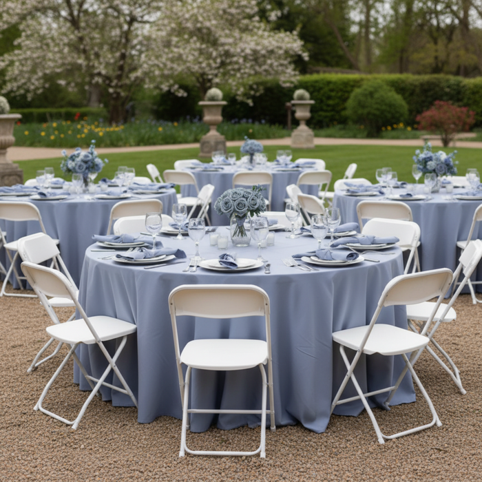 Outdoor Wedding Reception – Dusty Blue 132 Round Premium Polyester Tablecloth