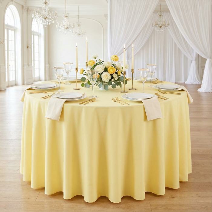 Pastel Yellow Round Premium Polyester Tablecloth Size: 132 in | Wedding | Event | Wholesale by CV Linens