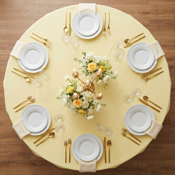 Pastel Yellow Round Premium Polyester Tablecloth Size: 132 in | Wedding | Event | Wholesale by CV Linens