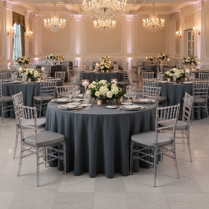 Indoor Ballroom Wedding Reception – Dark Gray Pewter Tablecloth