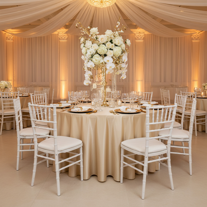 Satin 108" Round Tablecloth - Champagne | napkin | charger plate | centerpiece | wine goblet |