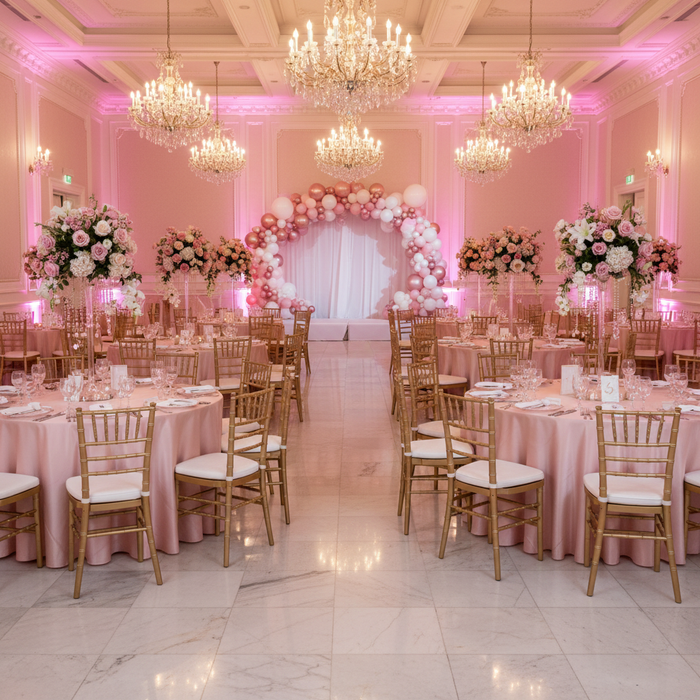 quinceañera table setup with Satin 120" Round Tablecloth -Blush/Rose Gold