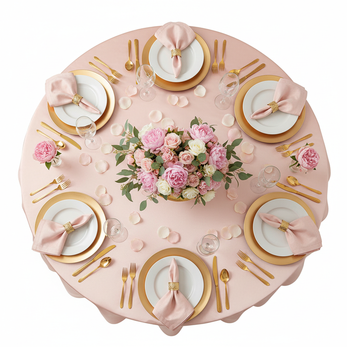 top view table setup with Satin 120" Round Tablecloth -Blush/Rose Gold