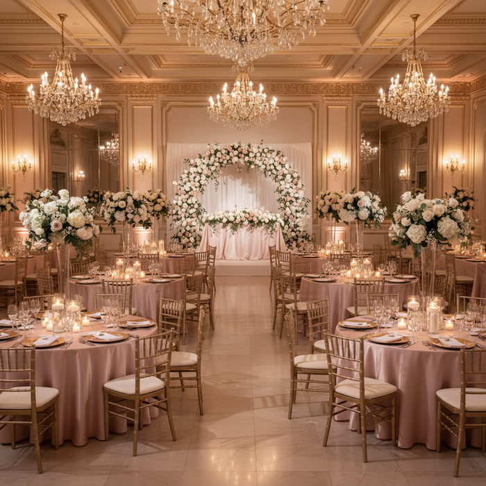 wedding reception with Satin 120" Round Tablecloth -Blush/Rose Gold
and floral circle arch