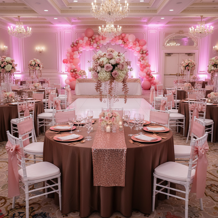 quinceañera hotel setup with Satin 120" Round Tablecloth - Chocolate Brown