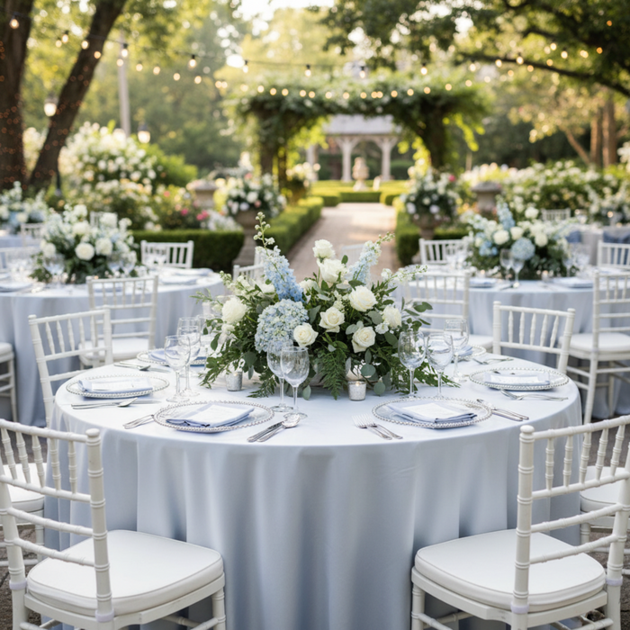 Outdoor Wedding Reception – Dusty Blue 120 Round Satin Tablecloth