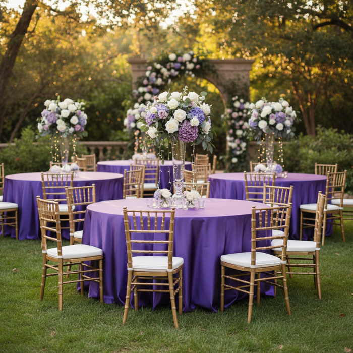 Purple 120 Round Satin Tablecloth – Outdoor Wedding Reception
