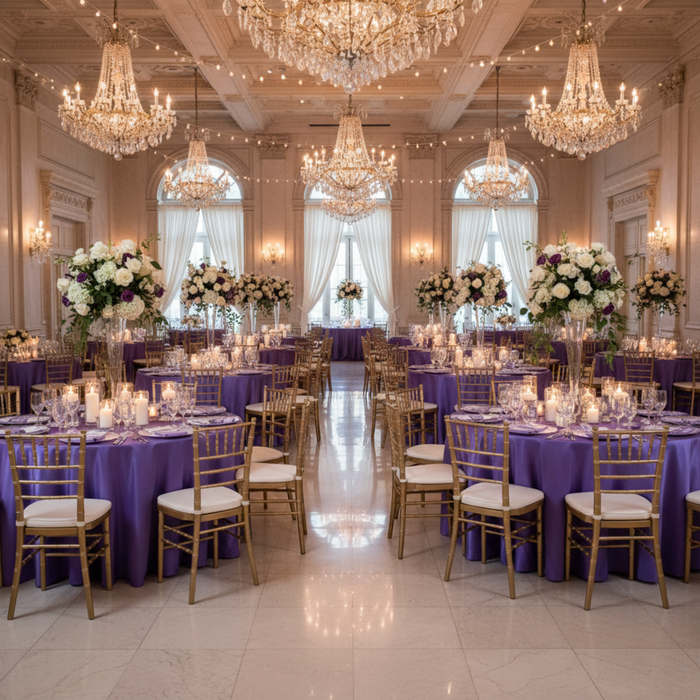 Purple 120 Round Satin Tablecloth – Indoor Ballroom Reception