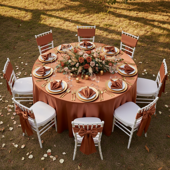 Satin 120" Round Tablecloth - Terracotta.