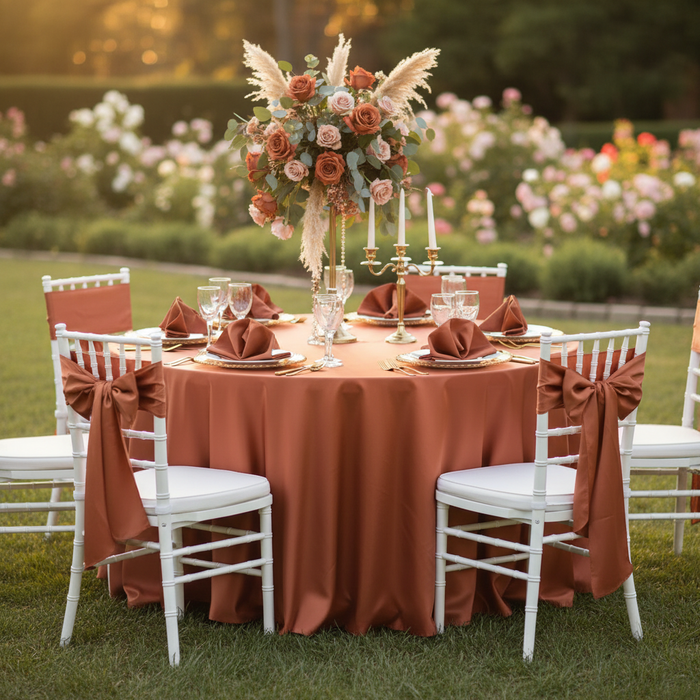 Satin 120" Round Tablecloth - Terracotta.