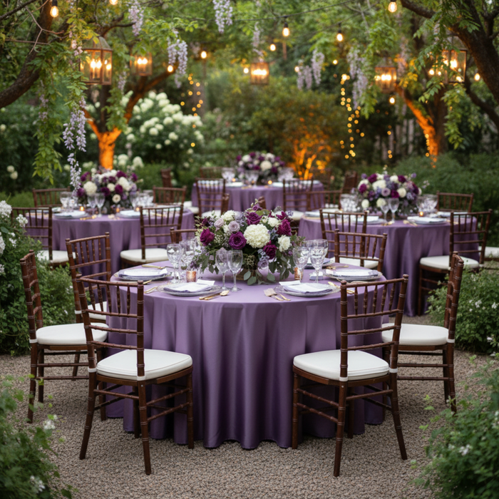 Outdoor Wedding Reception – Victorian Lilac/Wisteria 132 Round Satin Tablecloth