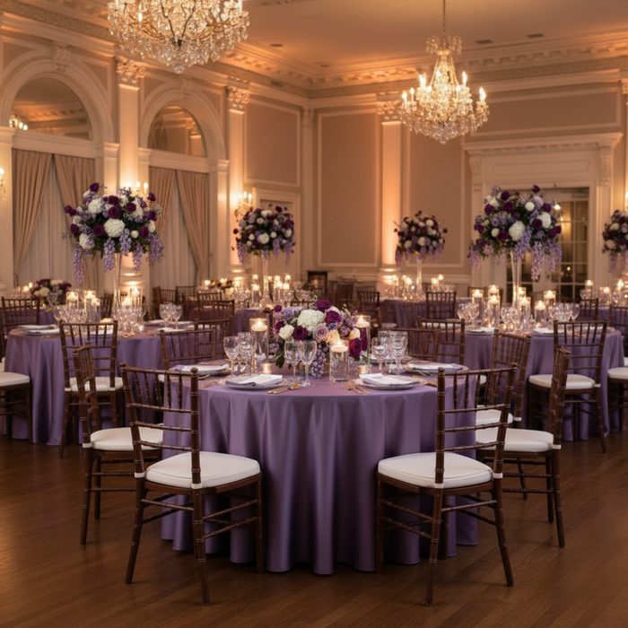 Indoor Wedding Reception – Victorian Lilac/Wisteria 132 Round Satin Tablecloth