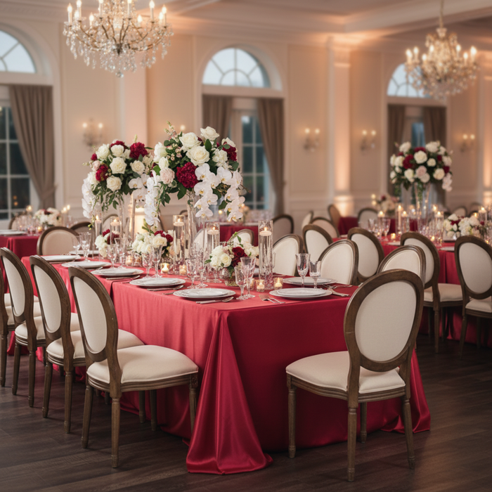 Indoor Wedding Reception – Apple Red Satin Tablecloth