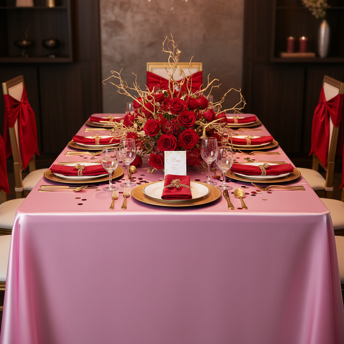 Satin Rectangular 90"x132" Tablecloth - Medium Pink | dinner plate | charger plate | napkin | wine goblet |