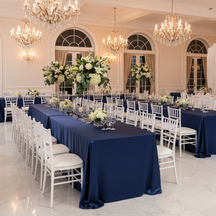 Indoor Wedding Reception Navy Blue 90x132 Rectangular Satin Tablecloth