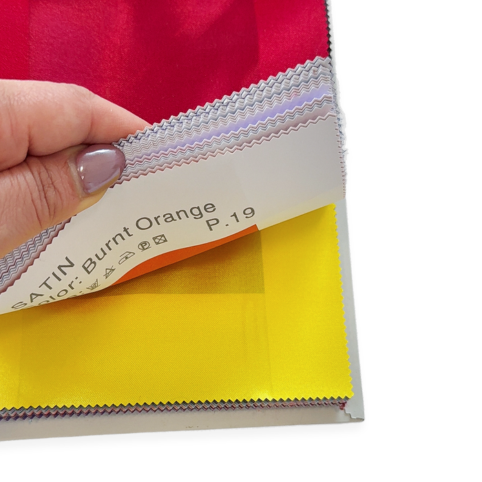 Satin Swatch Booklet close up of the name  label