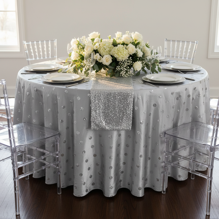 Sequin Embroidery Taffeta 120" Round Tablecloth - Silver.