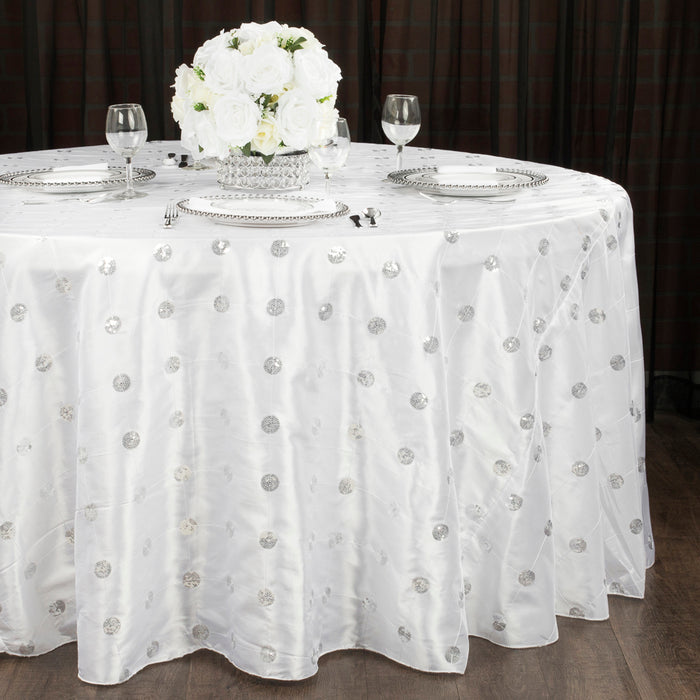 Sequin Embroidery Taffeta 132" Round Tablecloth - White | charger plate | napkin | dinner plate | wine goblet |