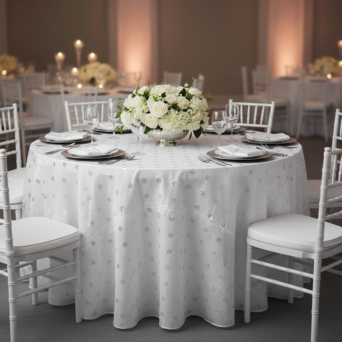 Sequin Embroidery Taffeta 132" Round Tablecloth - White | charger plate | napkin | dinner plate | wine goblet |