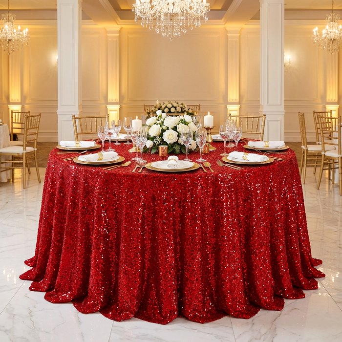 Sequin Velvet Round Tablecloth Red with gold charger plates, water goblets and white rose centerpiece
