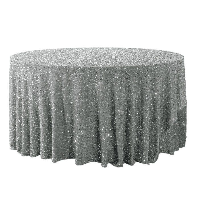 Sequin velvet round tablecloth silver full view
