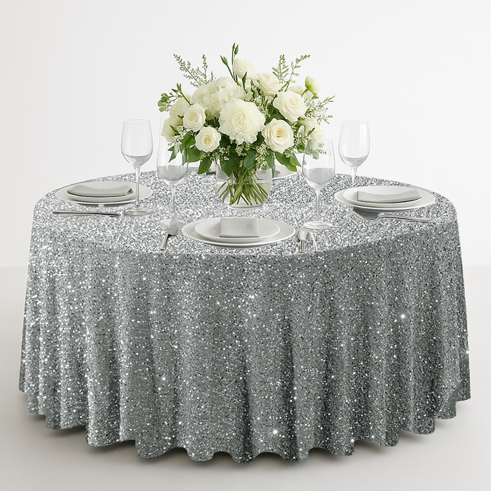 sequin velvet round silver with charger plates, wine goblets and florals