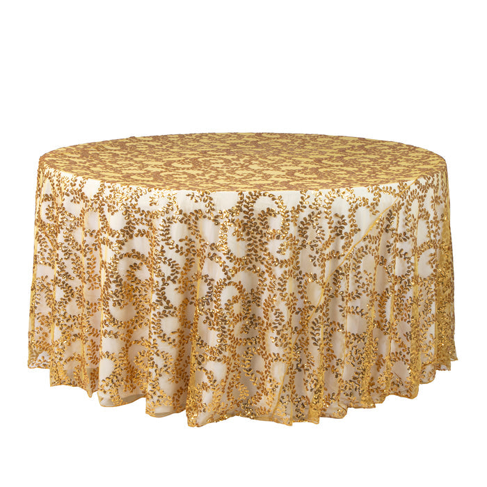 Sequin Vine Tablecloth Overlay 120" Round - Gold