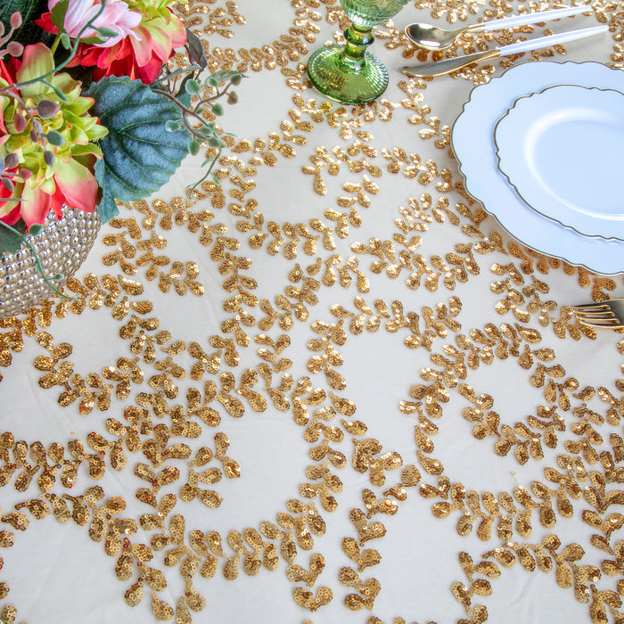 Sequin Vine Tablecloth Overlay 120" Round - Gold