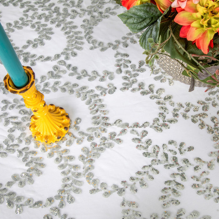 Sequin Vine Tablecloth Overlay 90"x156" Rectangle - Silver