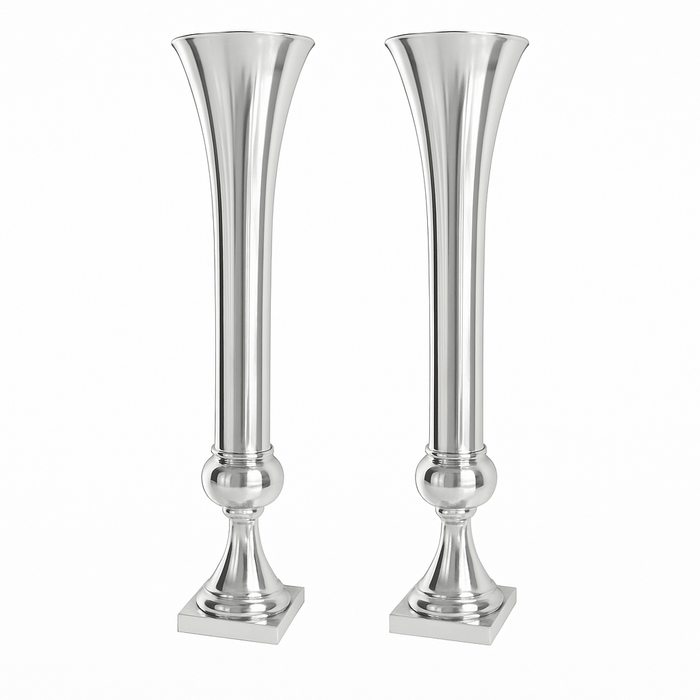 Set of 2 Metal Trumpet Centerpiece Vases - Silver