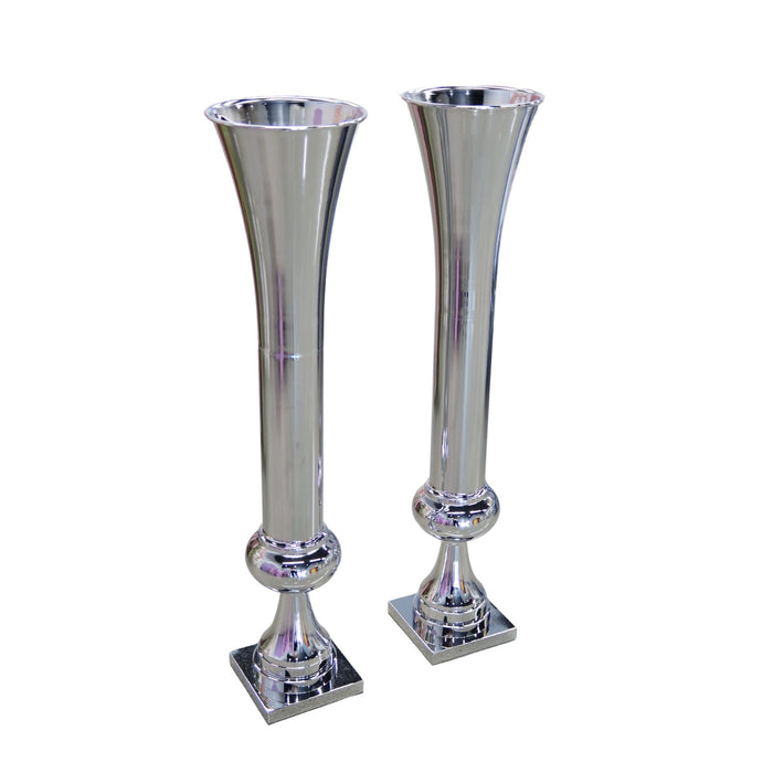 Set of 2 Metal Trumpet Centerpiece Vases - Silver