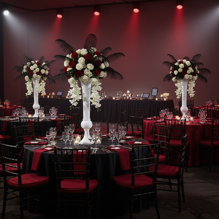 charity gala with Set of 2 Metal Trumpet Centerpiece Vases - White