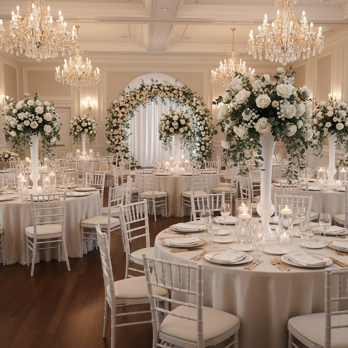 wedding reception with Set of 2 Metal Trumpet Centerpiece Vases - White
