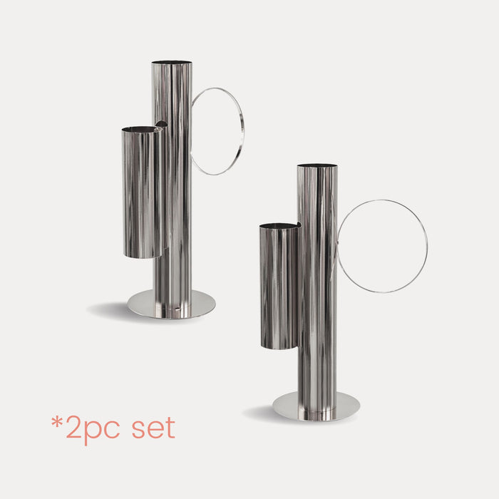 Set of 2 Modern Double Tube Floral Centerpiece Stand - Silver