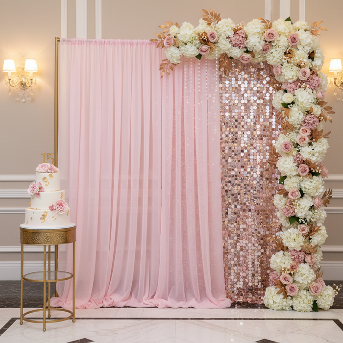 Sheer Voile Flame Retardant (FR) 10ft H x 118" W Drape/Backdrop Curtain Panel - Pink | uprights | crossbars | bases | flower premade runners | large sequin drape |