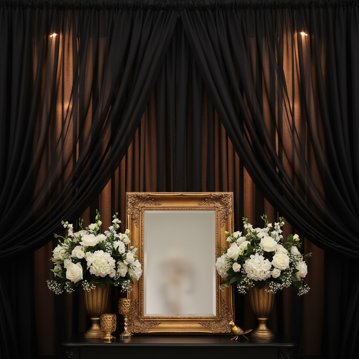 Sheer Voile Flame Retardant (FR) 14ft H x 118" W Drape/Backdrop Curtain Panel - Black for a photo booth area